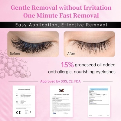 Promoção de removedor de extensões de pestanas com texto e certificados