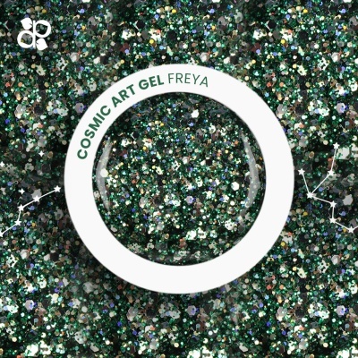 Geleia COSMIC ART GEL FREYA com glitter colorido em embalagem redonda branca e fundo brilhante