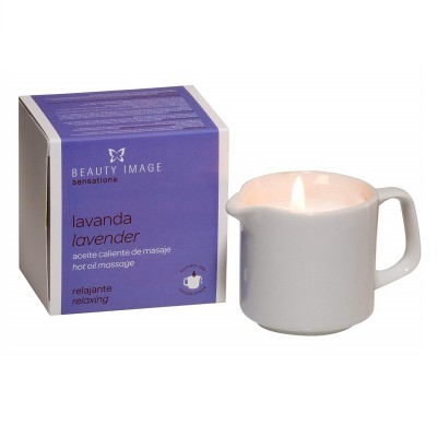 Vela perfumada lavanda com embalagem roxa e branca