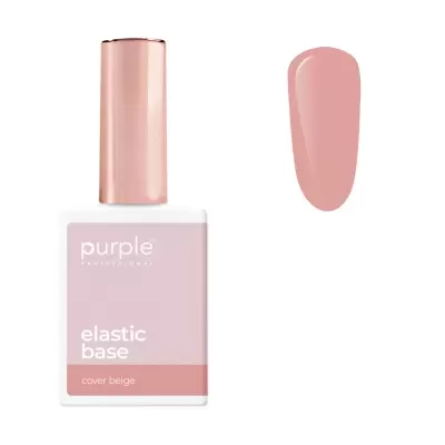 Frasco de verniz de unhas Purple Professional elastic base cover beige e amostra da cor.