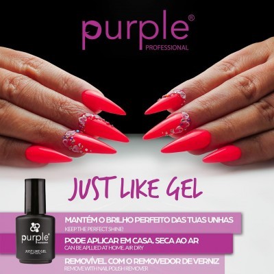Unhas cor de rosa vibrante com cristais pequenos e texto sobre verniz JUST LIKE GEL da marca purple PROFESSIONAL