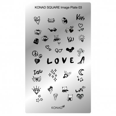 Placa metálica prateada para estampagem de unhas com diversos desenhos e palavras em preto.