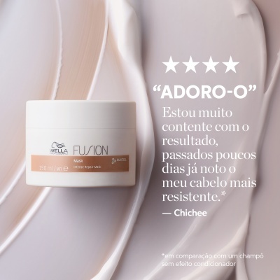 Máscara capilar Wella Fusion em embalagem branca com rótulo bege sobre fundo creme texturizado