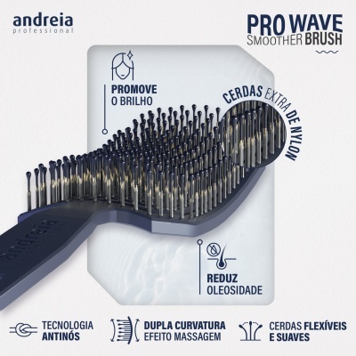 Escova de cabelo azul escuro com cerdas flexíveis extra de nylon, embalagem branca com texto promocional