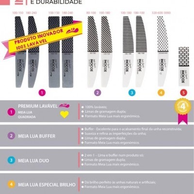 Material promocional de limas de unha Inocos com cinco tipos diferentes e descrições em português.