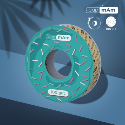 Disco de lixa circular PAP mAm verde com riscos cor-de-rosa e brancos e texto 100 grit