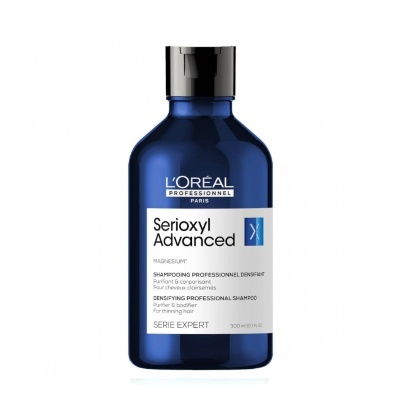 Frasco azul de champô profissional L'Oréal Serioxyl Advanced com tampa preta
