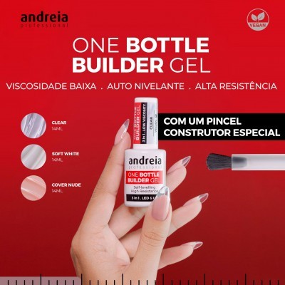 Gel construtor para unhas Andreia Professional com frasco branco, várias cores e fundo vermelho
