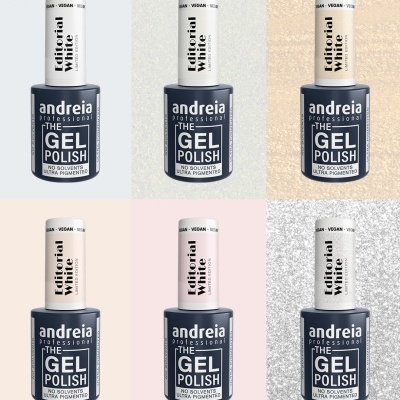 Seis frascos de verniz gel Andreia Professional The Gel Polish em fundos coloridos diferentes.