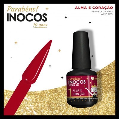 Verniz gel INOCOS cor vermelho vinho com amostra da cor em fundo branco e dourado