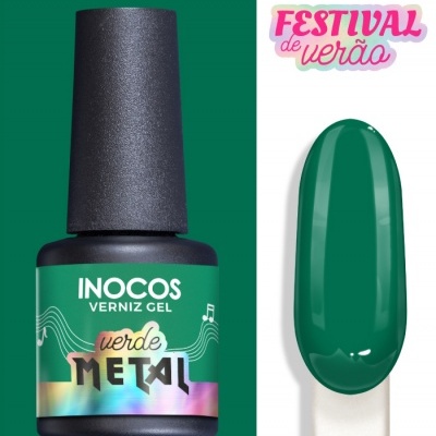 Frasco de verniz gel verde metal da marca INOCOS e amostra da cor com autocolante Festival de verão