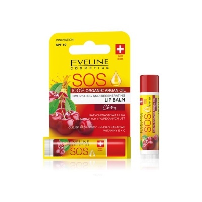 bálsamo labial EVELINE COSMETICS SOS com óleo de argão embalagem amarela e vermelha