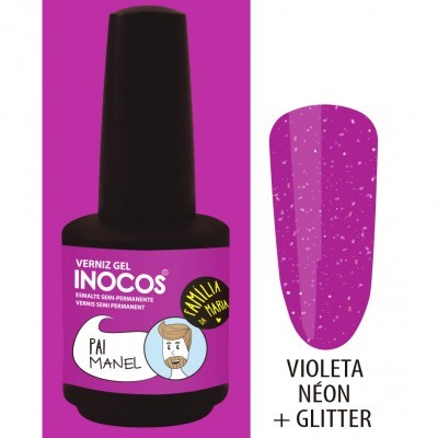 Frasco de verniz gel violeta néon com glitter e rótulo roxo