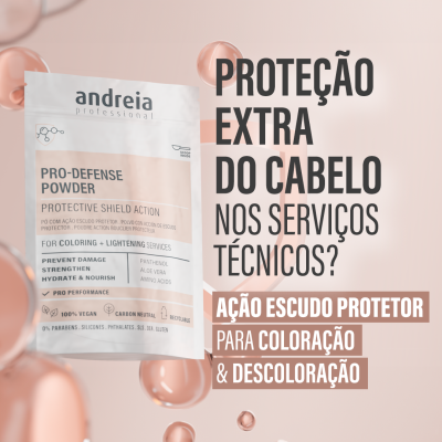 Pacote do produto Andreia Professional Pro-Defense Powder em fundo rosa com bolhas