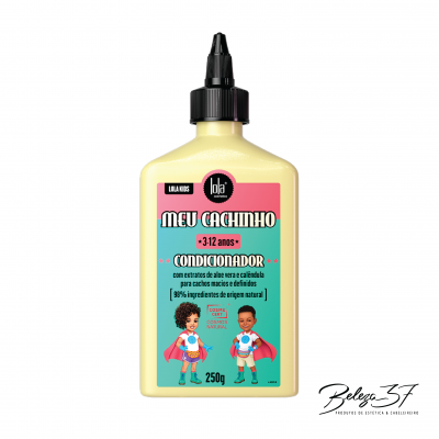 Condicionador Meu Cachinho para crianças, embalagem amarela com tampa preta e rótulo colorido.