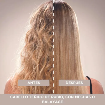 Comparação de cabelo loiro tinturado, lado esquerdo encaracolado e lado direito liso