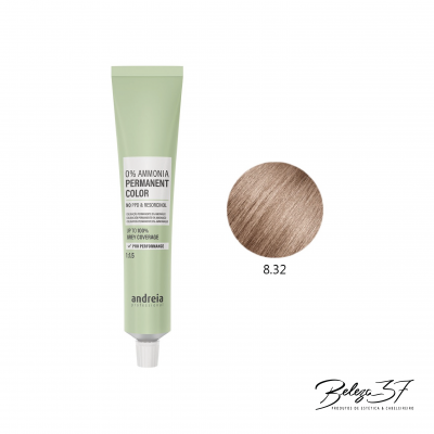 Tubo de coloração capilar Andreia e amostra de cor castanho claro 8.32