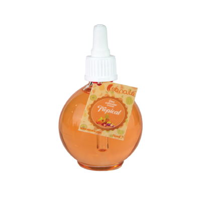 Frasco redondo com óleo nutritivo tropical, tampa branca e etiqueta colorida