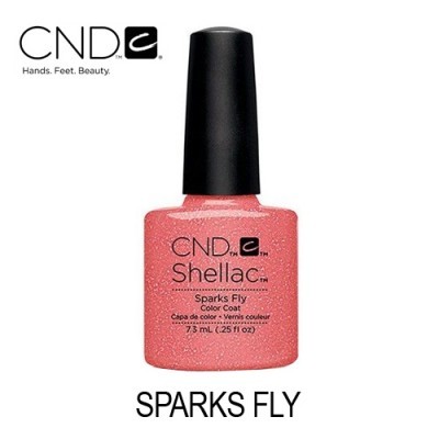 Frasco de verniz de unhas rosa brilhante com glitter da marca CND Shellac, cor Sparks Fly