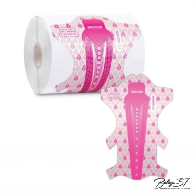 Rolo de moldes para unhas em branco e rosa com texto e padrões gráficos