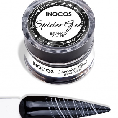 Pote de gel para unhas Inocos Spider Gel branco com amostra aplicada em unha preta