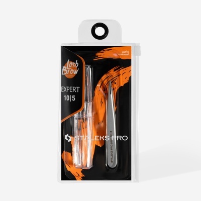 Conjunto Lash Brow Expert 10/5 com pinça e aplicador em embalagem preta e laranja