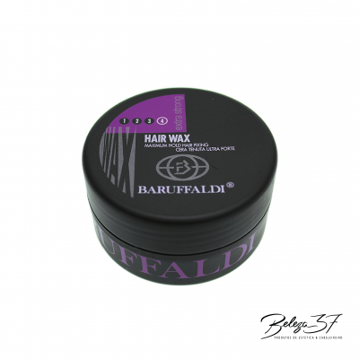 Recipiente preto de cera para cabelo BARUFFALDI com texto roxo e branco