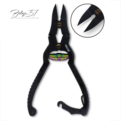 Alicate preto com pontas afiadas e detalhe ampliado das pontas