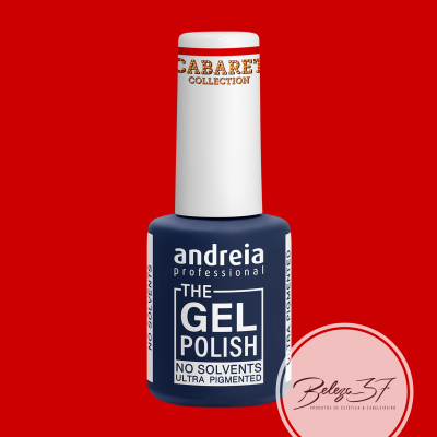 Frasco de verniz gel azul da marca andreia professional com tampa branca em fundo vermelho