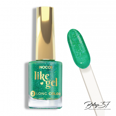 Esmalte verde glitter INOCOS like gel com tampa dourada e amostra em palito