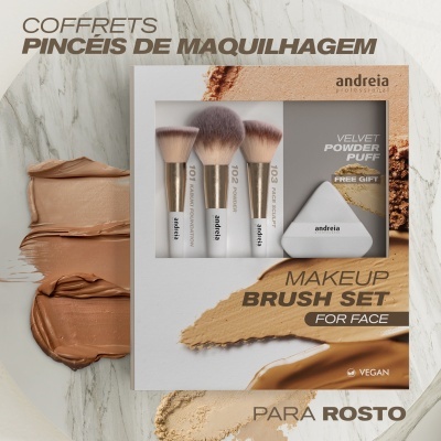 Conjunto de pincéis de maquilhagem para rosto com esponja, embalagem branca, fundo de mármore