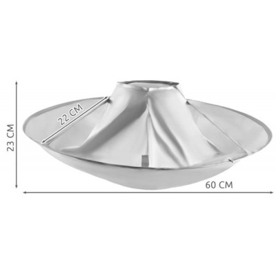 Produto metálico cónico prateado com medidas indicadas em fundo branco