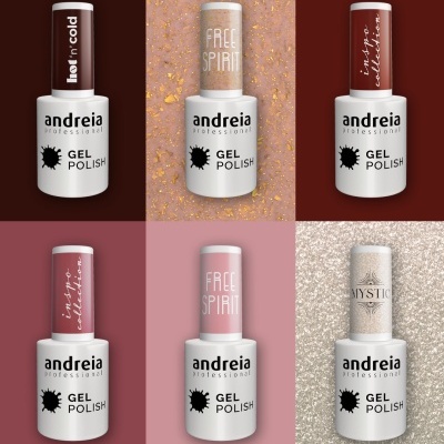 Seis frascos de verniz de gel andreia professional com tampas coloridas e texto, em fundos coloridos variados.