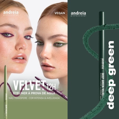 Publicidade de eyeliner Andreia Professional com modelos e texto informativo