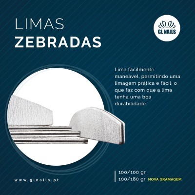 Limas de unha zebrada GL NAILS com descrição dos graos e características de durabilidade
