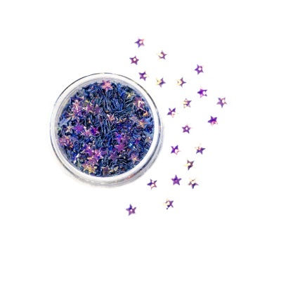 Frasco com glitter de estrelas pequenas roxas com brilho iridescente