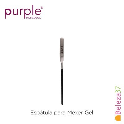 Espátula metálica para mexer gel com cabo preto e logotipo Purple Professional
