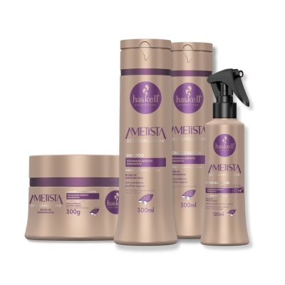Conjunto de produtos capilares Haskell Ametista com embalagem bege e rótulos roxos