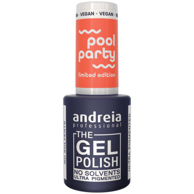 Esmalte gel Andreia Professional azul escuro com tampa coral e texto promocional