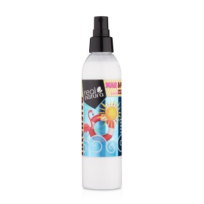 Frasco spray branco com etiqueta colorida e tampa preta