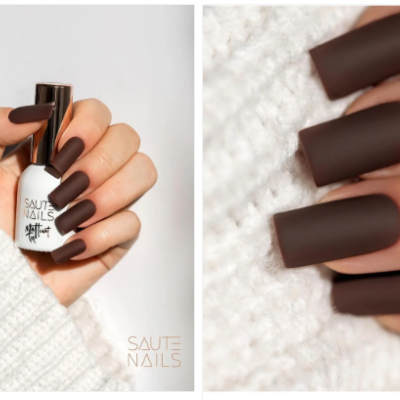 Unhas postas castanho escuro fosco e garrafa de verniz SAUTE NAILS