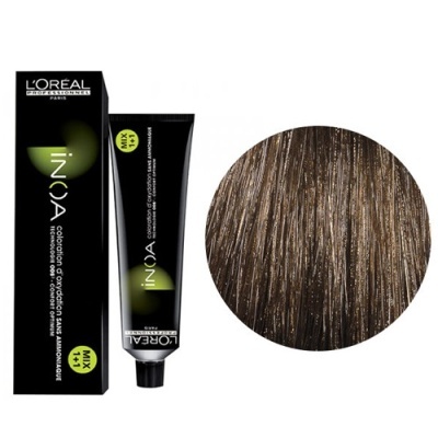 Caixa e tubo de tinta de cabelo L'Oréal INOA com amostra de cor castanha com reflexos loiros