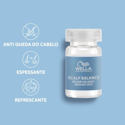 Frasco pequeno transparente com tampa branca e rótulo azul do sérum Wella Scalp Balance