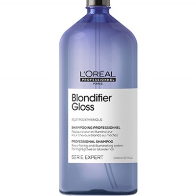 Frasco azul de champô L'Oréal Blondifier Gloss com rótulo branco