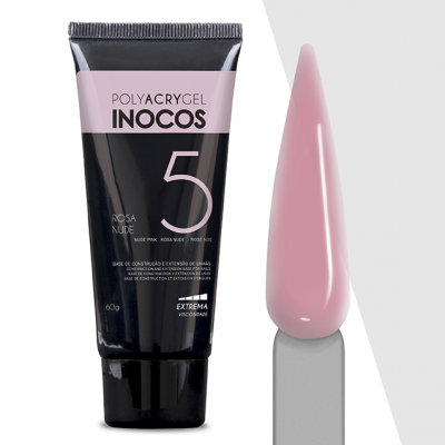 Tubo preto de gel para unhas rosa nude INOCOS e amostra da cor em formato de unha