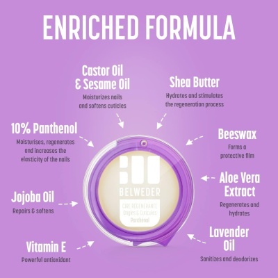 Pote de cera para cutículas Belweder com lista de ingredientes e benefícios em fundo roxo