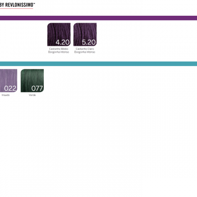 Catálogo de cores para cabelo Revlonissimo com amostras em bordeaux e mix