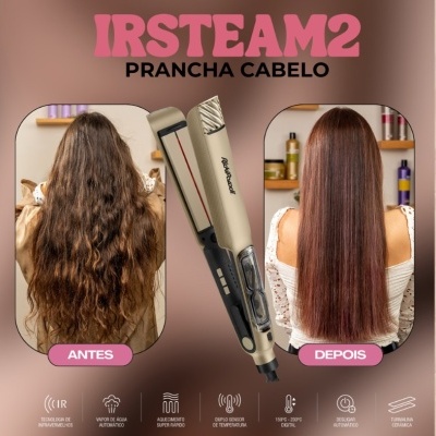 Prancha de cabelo IRSTEAM2 com imagens antes e depois do uso mostrando cabelos encaracolados e lisos.