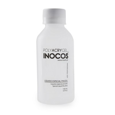 Frasco plástico branco com tampa rosca e texto preto POLYACRYGEL INOCOS líquido especial pincéis