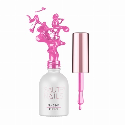Frasco de verniz de unhas branco com tampa rosa e verniz rosa a escorrer
